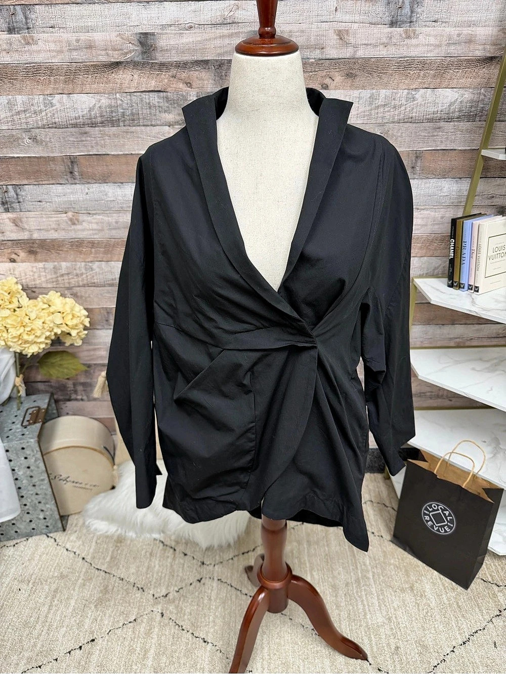 Moyuru Black Wrap Style Front Button Closure Jacket